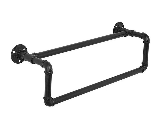 Black Malleable Iron Pipe Industrial Pipe Coat Rack Wall Mounted 2 Tier Hanging Garment Rack 1